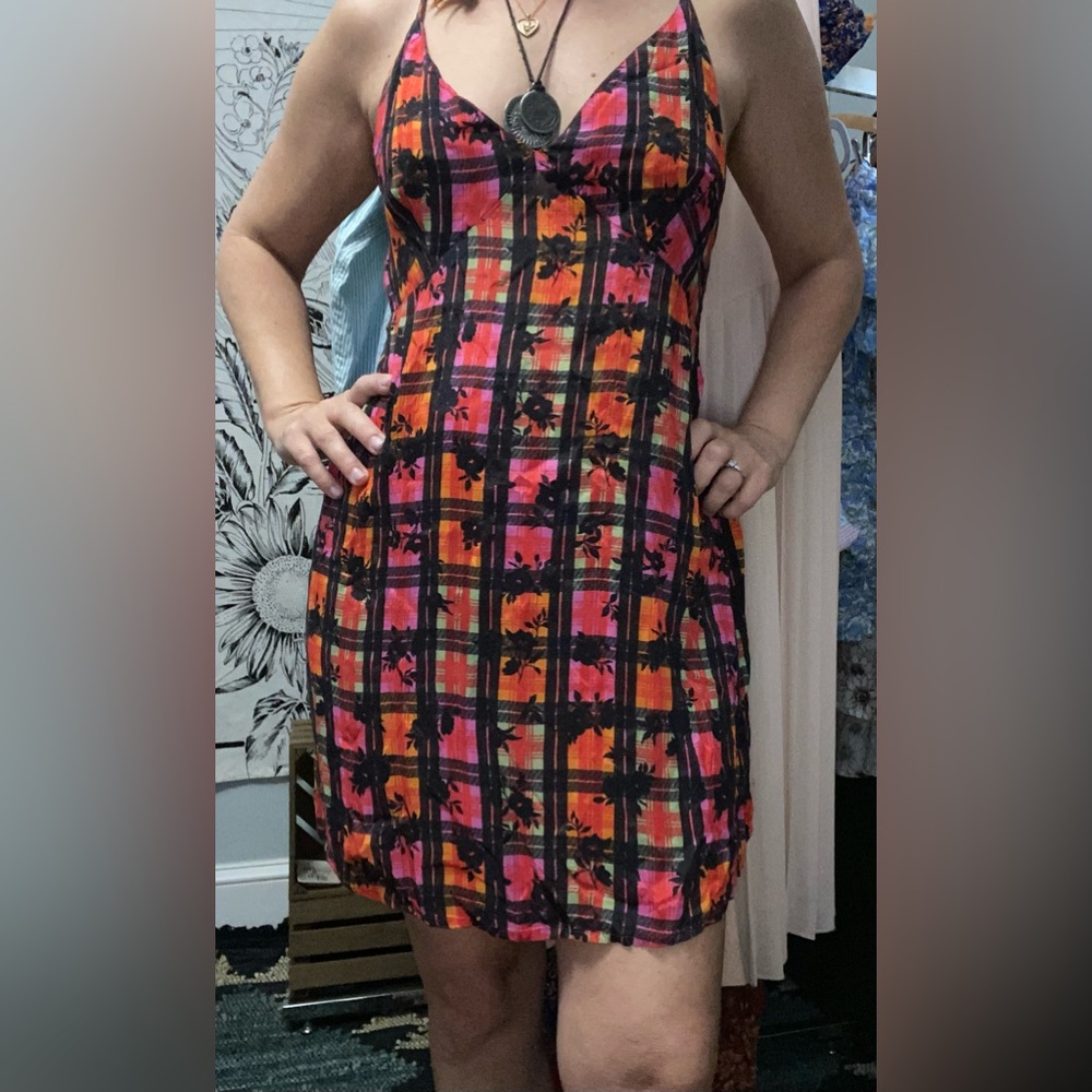 Free People floral print plaid check spaghetti strap mini dress sz medium